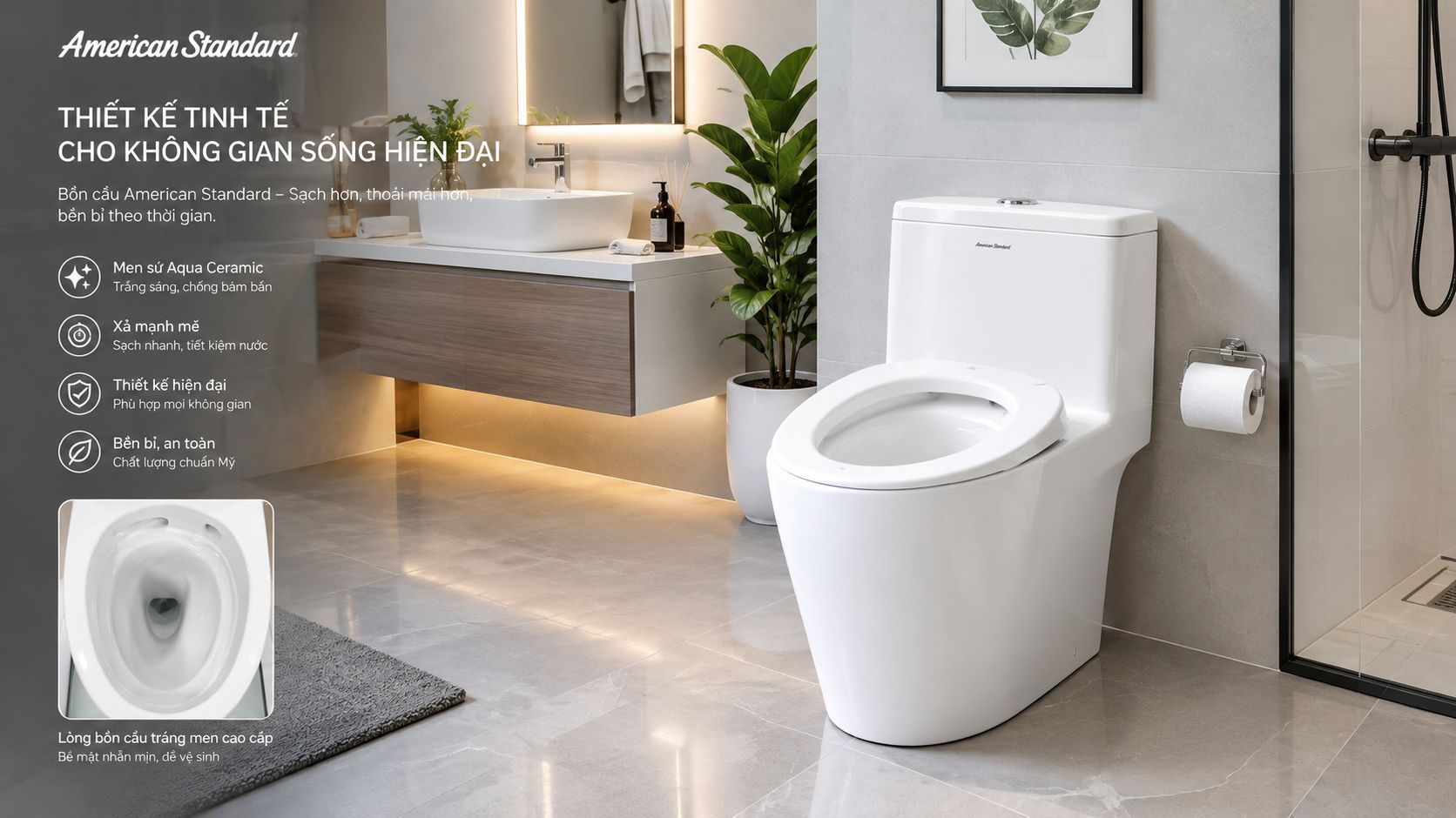 Bồn cầu xả xoáy American Standard cho phòng tắm hiện đại